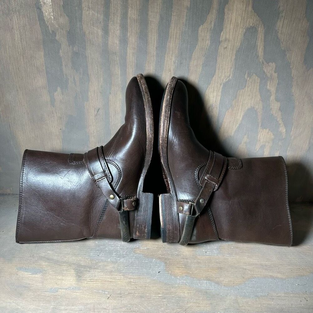 Frye Womens 5.5 Motorcycle Boots Brown Leather Straps Metal Harness Mid Calf - Picture 8 of 12